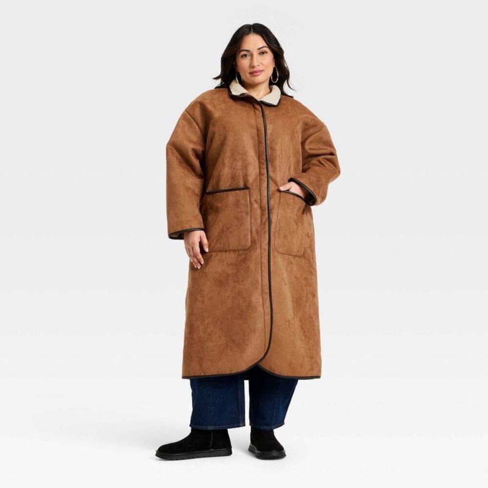 Women's Faux Suede Long Coat - Universal Thread Tan XXL